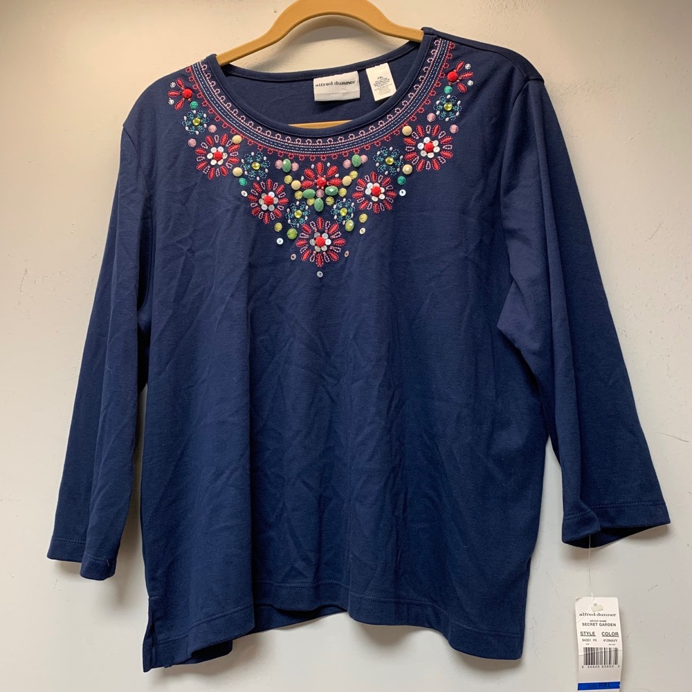 Alfred Dunner Top Womens PXL Navy NEW Secret Garden Embroidered Beaded 94351 FR